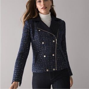 WHITE HOUSE BLACK MARKET Navy Sequin Tweed Moto Jacket – Size 00